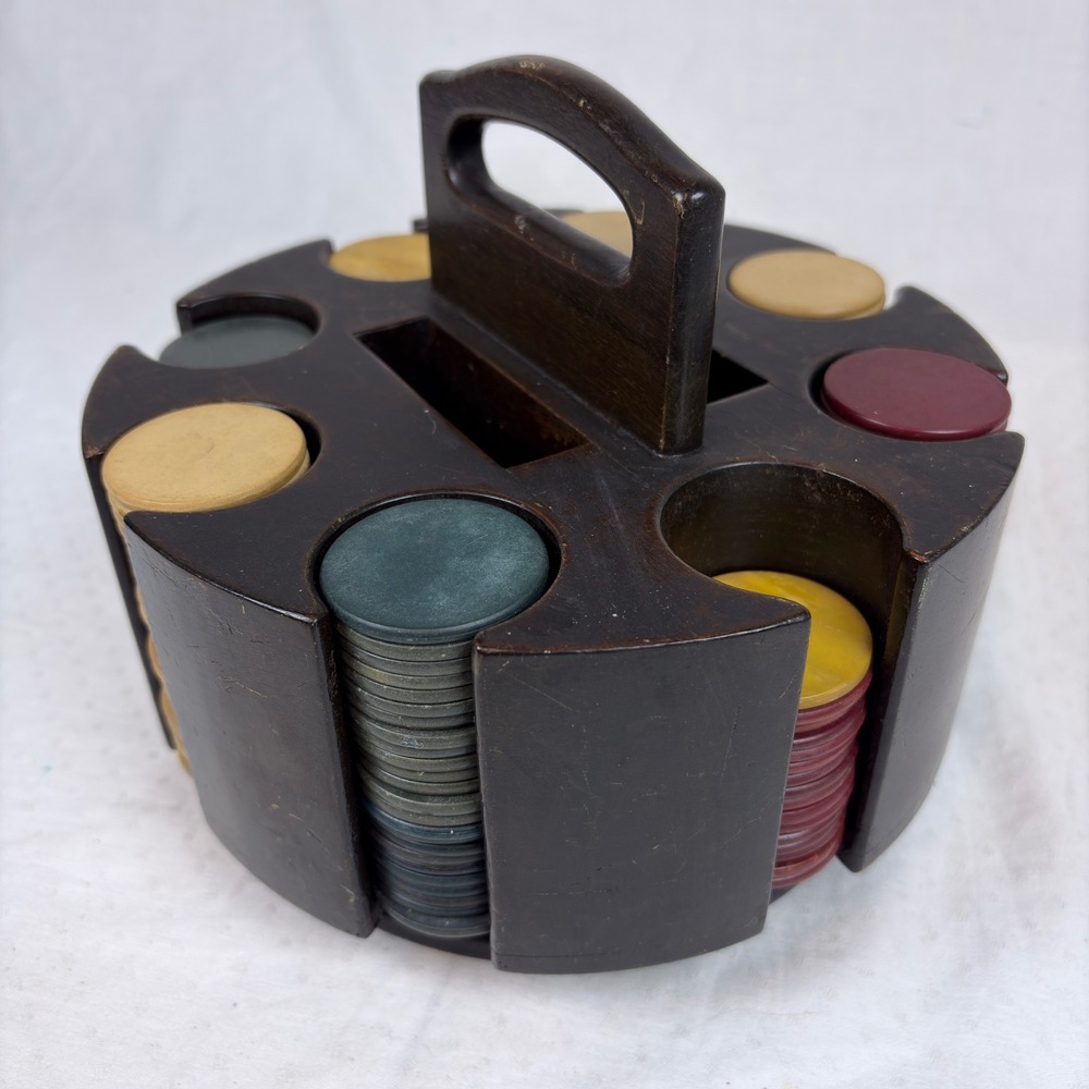 Vtg Wood Carousel Poker Chip Carrier Caddy w/ 230 Clay Chips Lazy Susan 2 Decks - Picture 8 of 16